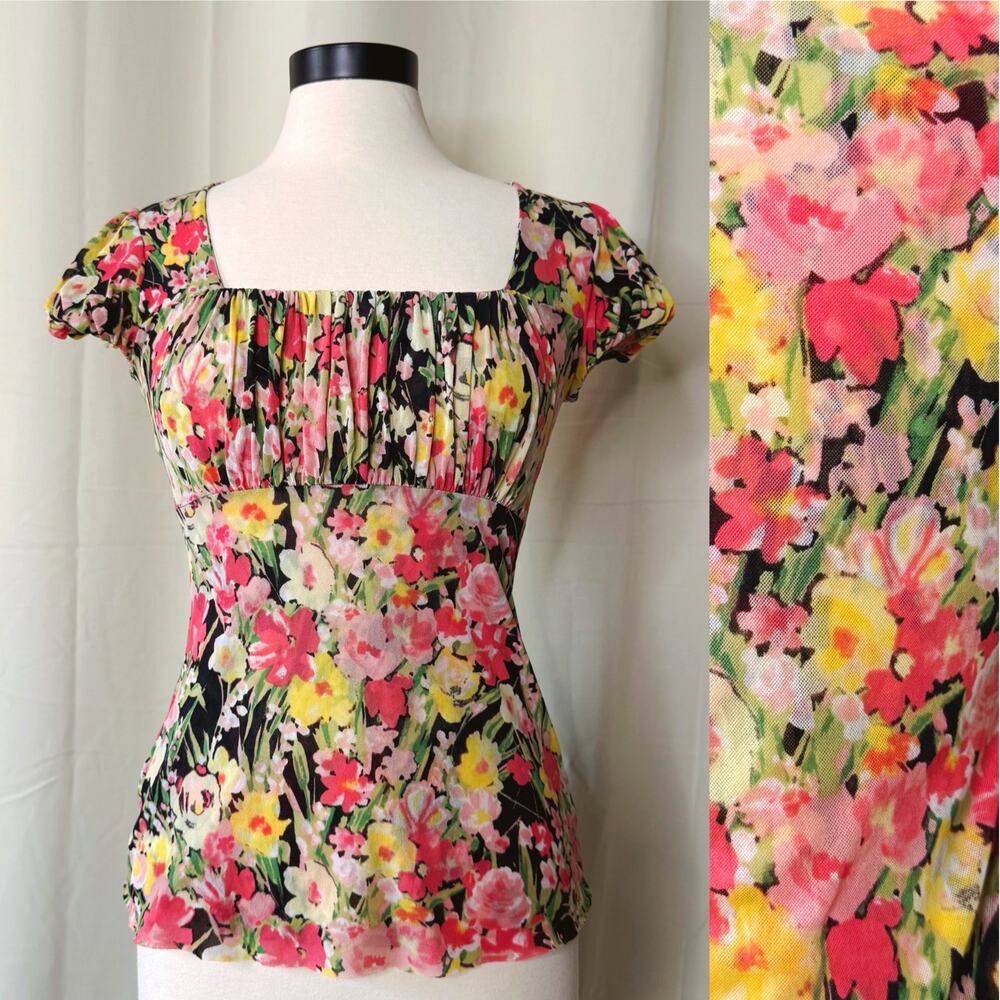VTG Y2K Ann Taylor LOFT Square Neck Puff Sleeve Floral Blouse Top